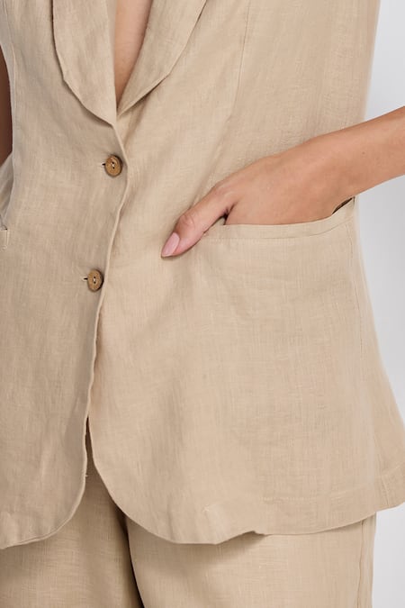 Reistor_Beige Cotton Shawl Neck Sleeveless Jacket And Pant Set _at_Aza_Fashions