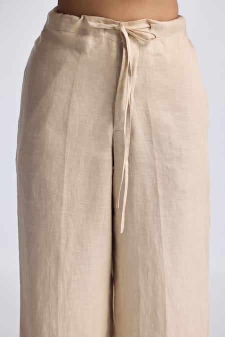 Buy_Reistor_Beige Cotton Shawl Neck Sleeveless Jacket And Pant Set 