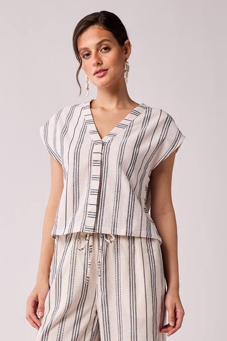 Shop_Reistor_Gray Cotton V-neck Pinstriped Top And Pant Set _Online_at_Aza_Fashions