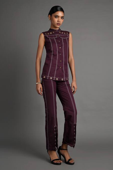 Veera Wear_Purple Cotton Collared Merlot Muse Top _at_Aza_Fashions