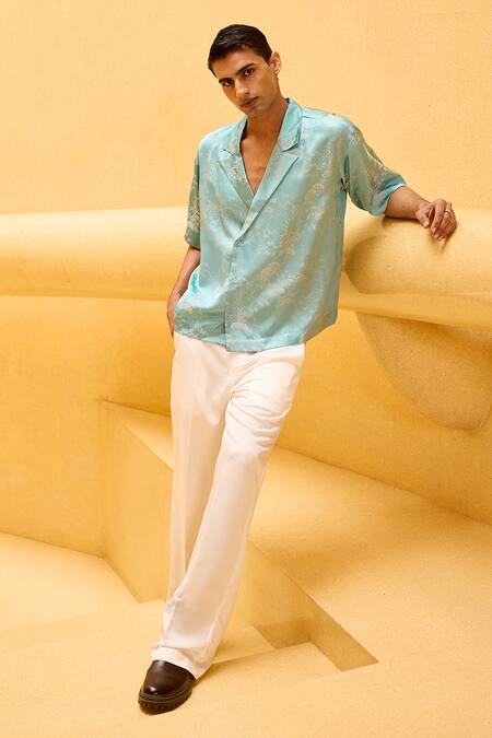 Shop_Therealb_Aqua Jacquard Printed Resort Collar Shirt _Online_at_Aza_Fashions
