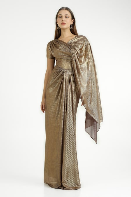 Shop_Cham Cham_Gold Polyester V-neck Pleated Gown With Shoulder Trail _Online_at_Aza_Fashions