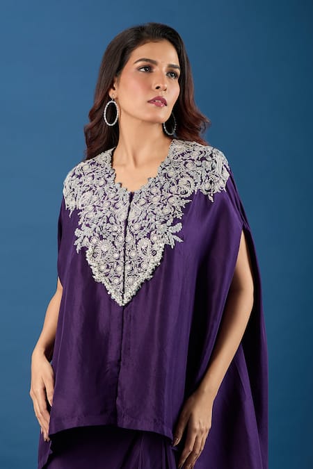 Prisho_Purple Embroidery Round Neck Dori Kaftan And Skirt Set _Online_at_Aza_Fashions