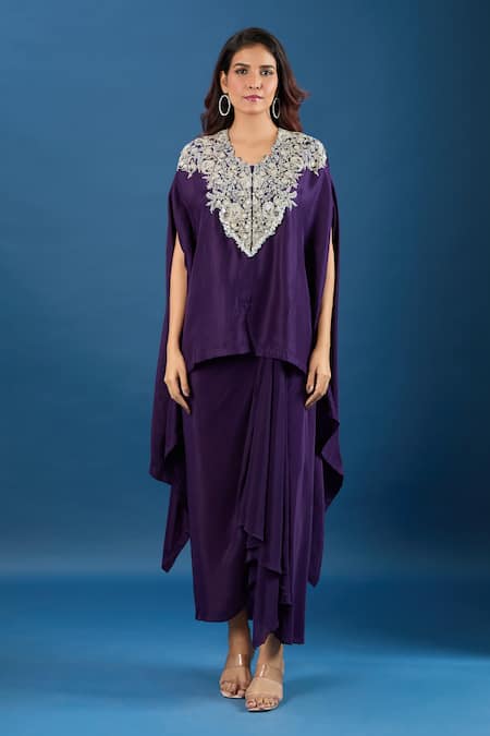 Buy_Prisho_Purple Embroidery Round Neck Dori Kaftan And Skirt Set _Online_at_Aza_Fashions