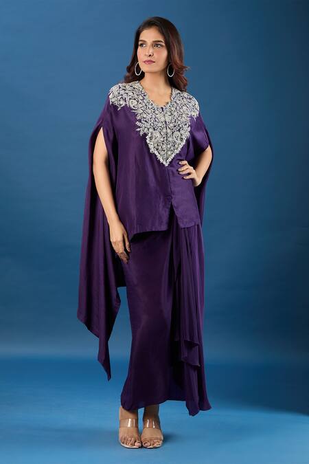 Shop_Prisho_Purple Embroidery Round Neck Dori Kaftan And Skirt Set _Online_at_Aza_Fashions