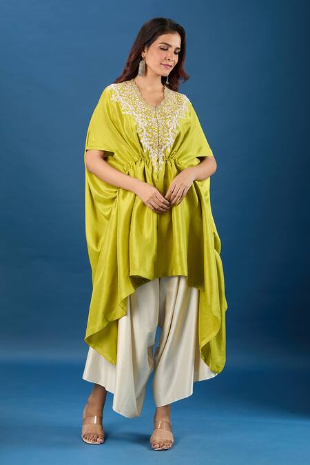 Shop_Prisho_Green Embroidery Round Neck Dori Kaftan And Pant Set _Online_at_Aza_Fashions