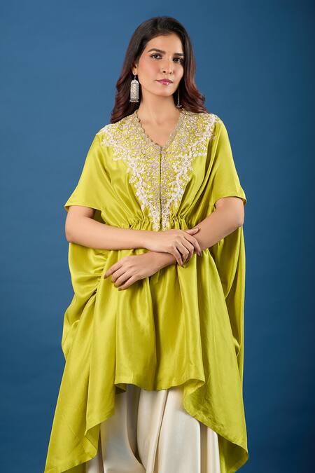 Prisho_Green Embroidery Round Neck Dori Kaftan And Pant Set _at_Aza_Fashions