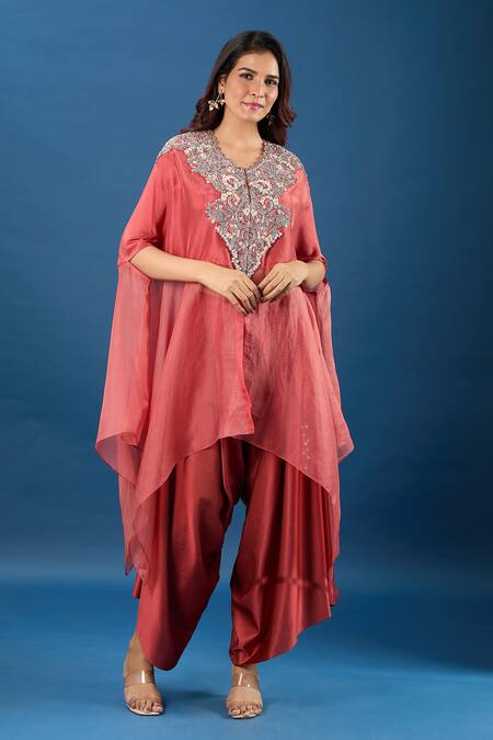 Prisho_Orange Embroidery Round Neck Resham Kaftan And Pant Set _Online_at_Aza_Fashions