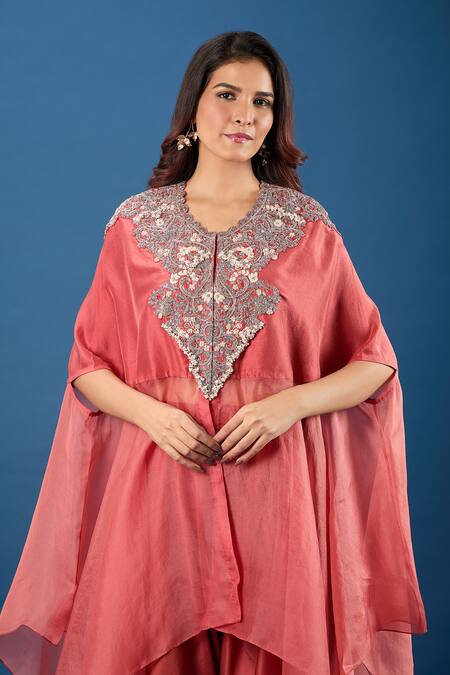 Shop_Prisho_Orange Embroidery Round Neck Resham Kaftan And Pant Set _Online_at_Aza_Fashions