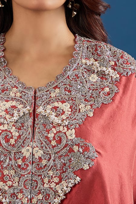 Prisho_Orange Embroidery Round Neck Resham Kaftan And Pant Set _at_Aza_Fashions