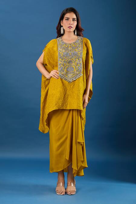 Buy Prisho Yellow Embroidery Round Neck Yoke Kaftan With Skirt Online at Aza Fashions Buy_Prisho_Yellow Embroidery Round Neck Yoke Kaftan With Skirt _Online_at_Aza_Fashions