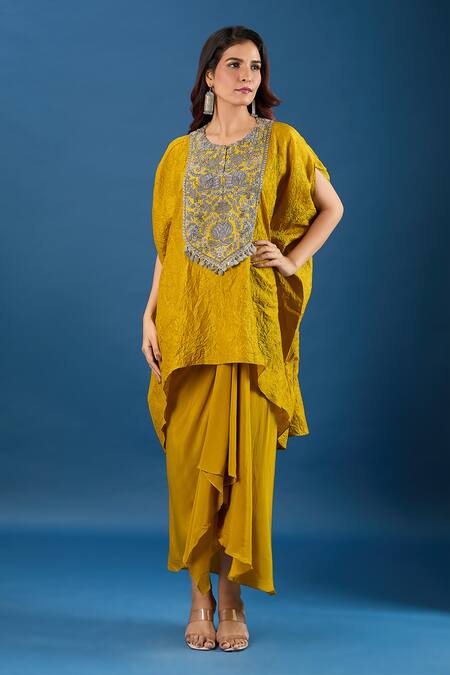 Shop Prisho Yellow Embroidery Round Neck Yoke Kaftan With Skirt Online at Aza Fashions Shop_Prisho_Yellow Embroidery Round Neck Yoke Kaftan With Skirt _Online_at_Aza_Fashions