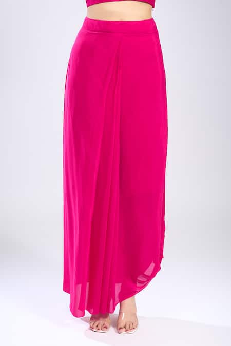 Prisho_Pink Embroidery, Sequins Round Neck Paisley Kaftan Draped Skirt Set _Online_at_Aza_Fashions