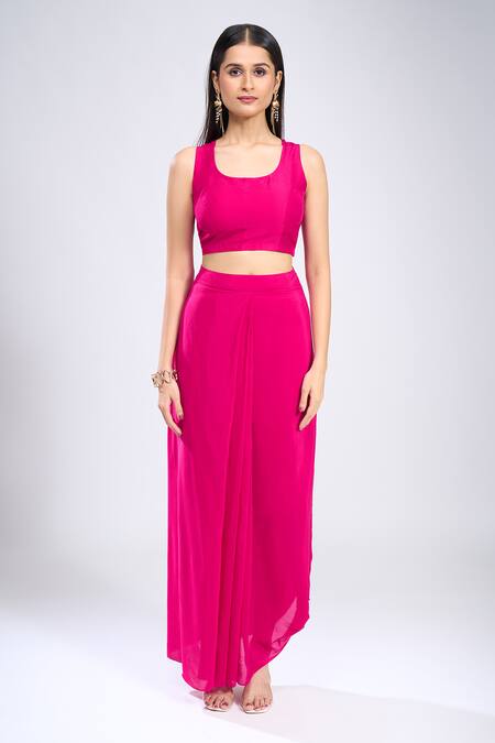 Buy_Prisho_Pink Embroidery, Sequins Round Neck Paisley Kaftan Draped Skirt Set _Online_at_Aza_Fashions