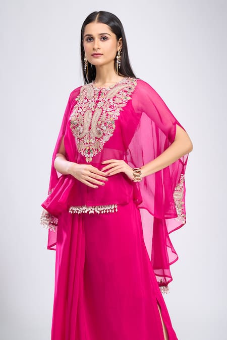 Prisho_Pink Embroidery, Sequins Round Neck Paisley Kaftan Draped Skirt Set _at_Aza_Fashions