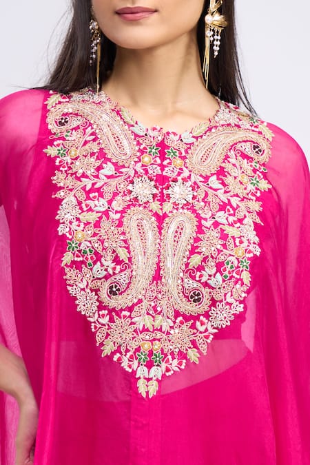 Buy_Prisho_Pink Embroidery, Sequins Round Neck Paisley Kaftan Draped Skirt Set 