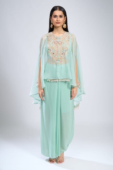 Buy_Prisho_Blue Embroidery Round Neck Kaftan Skirt Set _Online_at_Aza_Fashions