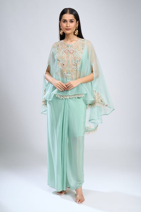 Shop_Prisho_Blue Embroidery Round Neck Kaftan Skirt Set _Online_at_Aza_Fashions
