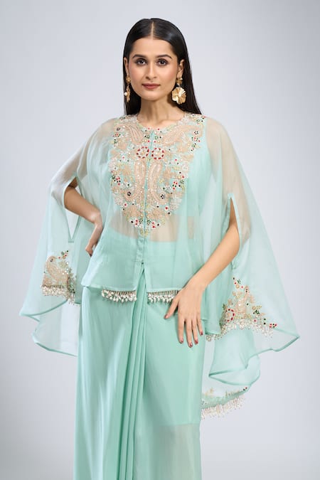 Shop_Prisho_Blue Embroidery Round Neck Kaftan Skirt Set 