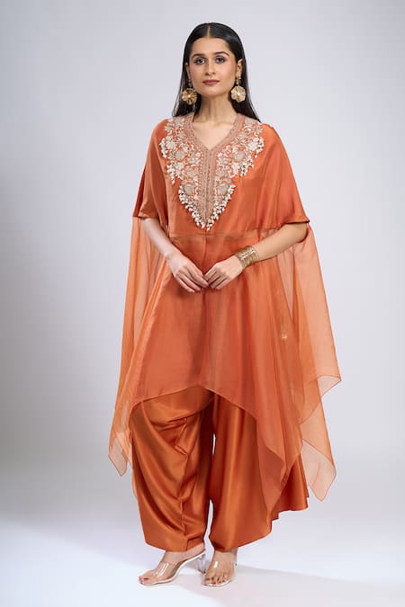 Prisho Orange Embroidery V-neck Dori Kaftan With Pant Online at Aza Fashions Prisho_Orange Embroidery V-neck Dori Kaftan With Pant _Online_at_Aza_Fashions