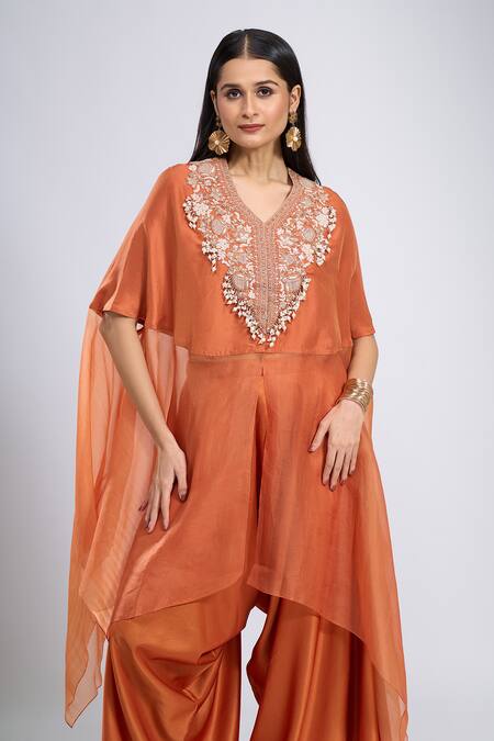 Shop Prisho Orange Embroidery V-neck Dori Kaftan With Pant Online at Aza Fashions Shop_Prisho_Orange Embroidery V-neck Dori Kaftan With Pant _Online_at_Aza_Fashions