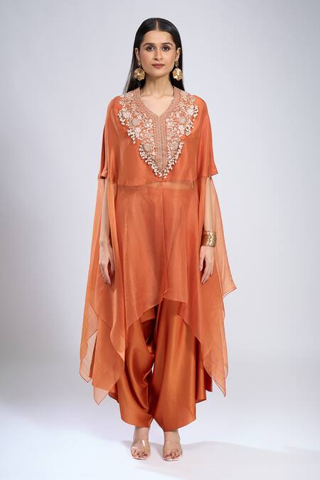 Prisho Orange Embroidery V-neck Dori Kaftan With Pant at Aza Fashions Prisho_Orange Embroidery V-neck Dori Kaftan With Pant _at_Aza_Fashions