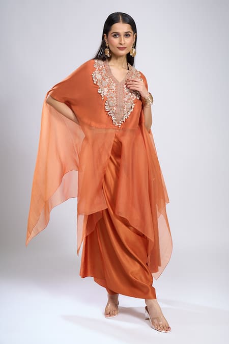 Shop Prisho Orange Embroidery V-neck Dori Kaftan With Pant Shop_Prisho_Orange Embroidery V-neck Dori Kaftan With Pant