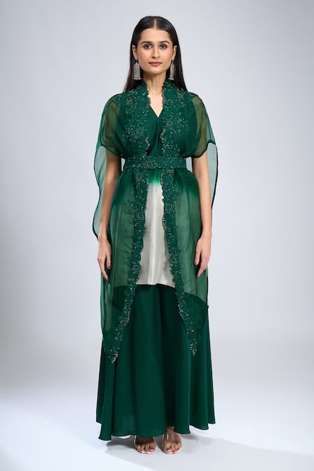 Prisho_Green Embroidery V-neck Cape Kurta Set _Online_at_Aza_Fashions