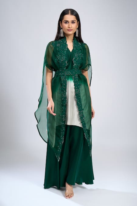 Buy_Prisho_Green Embroidery V-neck Cape Kurta Set _Online_at_Aza_Fashions