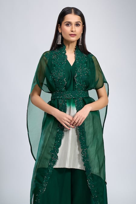 Shop_Prisho_Green Embroidery V-neck Cape Kurta Set _Online_at_Aza_Fashions
