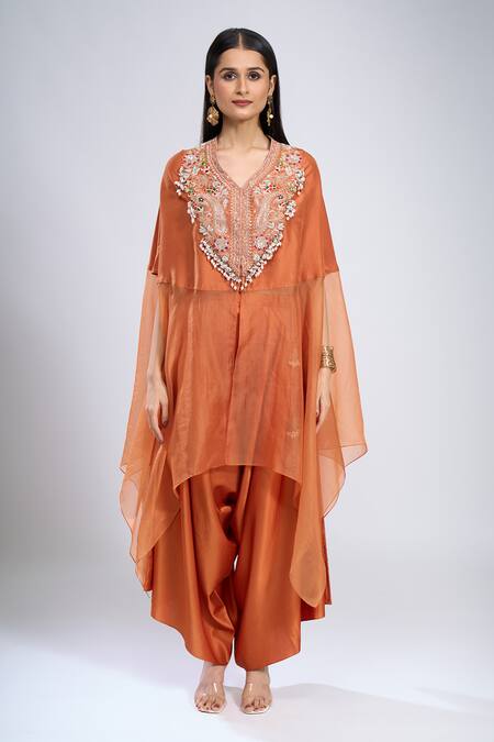 Prisho Orange Zari V-neck Zardozi Embroidered Kaftan With Pant Online at Aza Fashions Prisho_Orange Zari V-neck Zardozi Embroidered Kaftan With Pant _Online_at_Aza_Fashions