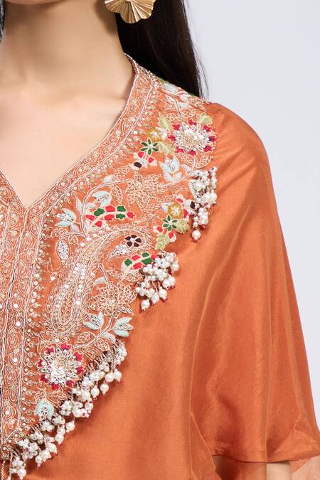 Buy Prisho Orange Zari V-neck Zardozi Embroidered Kaftan With Pant Online at Aza Fashions Buy_Prisho_Orange Zari V-neck Zardozi Embroidered Kaftan With Pant _Online_at_Aza_Fashions