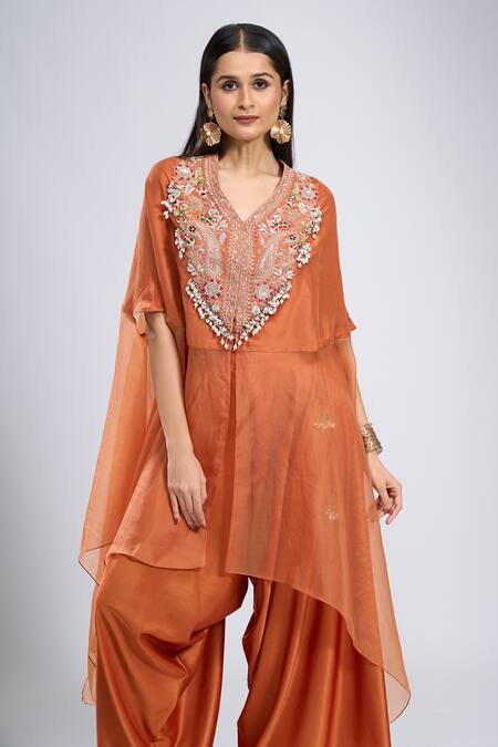 Prisho Orange Zari V-neck Zardozi Embroidered Kaftan With Pant at Aza Fashions Prisho_Orange Zari V-neck Zardozi Embroidered Kaftan With Pant _at_Aza_Fashions