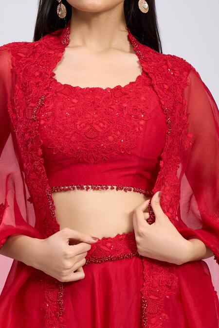 Prisho_Red Embroidery, Beads Round Neck Waistband Skirt Set _Online_at_Aza_Fashions