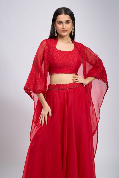 Shop_Prisho_Red Embroidery, Beads Round Neck Waistband Skirt Set _Online_at_Aza_Fashions