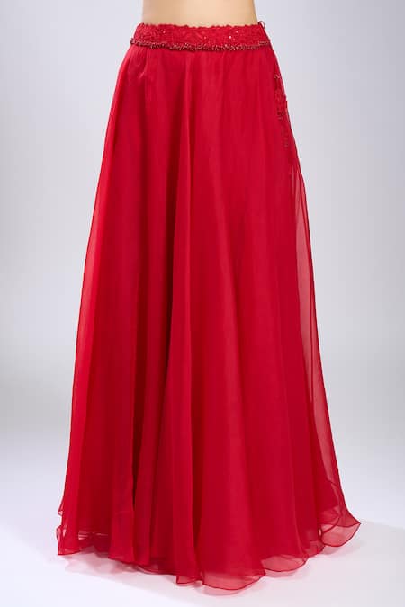 Buy_Prisho_Red Embroidery, Beads Round Neck Waistband Skirt Set 