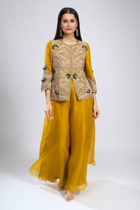 Buy Prisho Yellow Beads, Embroidery, Sequins, Zari Round Neck Jacket And Palazzo Set Online at Aza Fashions Buy_Prisho_Yellow Beads, Embroidery, Sequins, Zari Round Neck Jacket And Palazzo Set _Online_at_Aza_Fashions