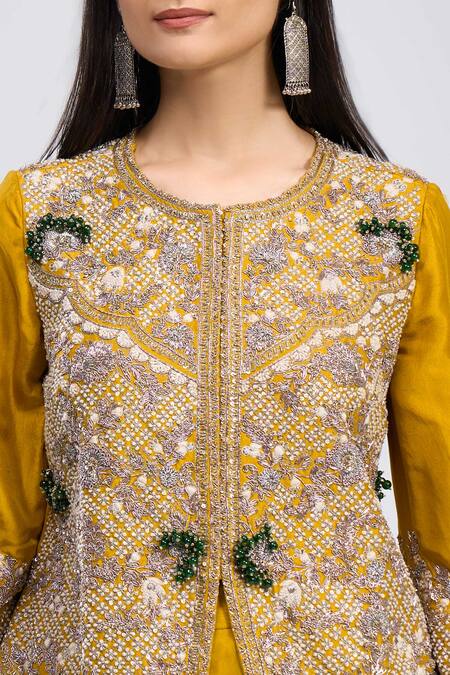 Shop Prisho Yellow Beads, Embroidery, Sequins, Zari Round Neck Jacket And Palazzo Set Online at Aza Fashions Shop_Prisho_Yellow Beads, Embroidery, Sequins, Zari Round Neck Jacket And Palazzo Set _Online_at_Aza_Fashions