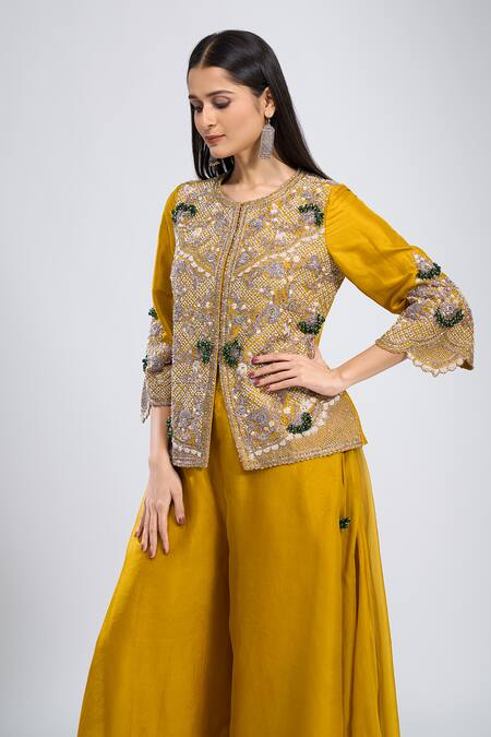 Prisho Yellow Beads, Embroidery, Sequins, Zari Round Neck Jacket And Palazzo Set at Aza Fashions Prisho_Yellow Beads, Embroidery, Sequins, Zari Round Neck Jacket And Palazzo Set _at_Aza_Fashions
