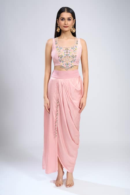Buy_Prisho_Pink Embroidery, Beads Round Neck Cape Skirt Set _Online_at_Aza_Fashions