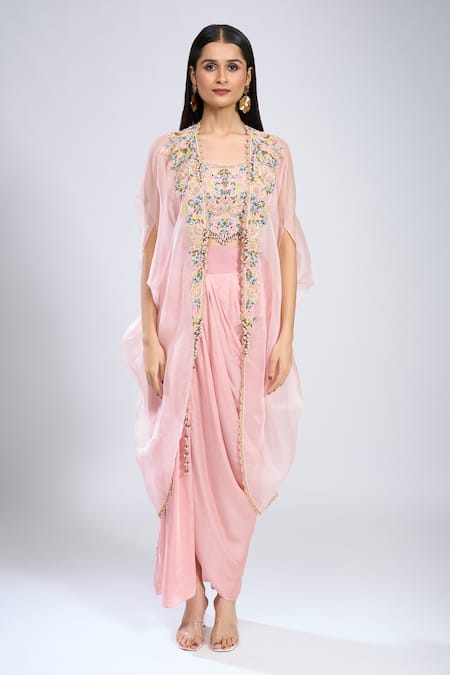Shop_Prisho_Pink Embroidery, Beads Round Neck Cape Skirt Set _Online_at_Aza_Fashions