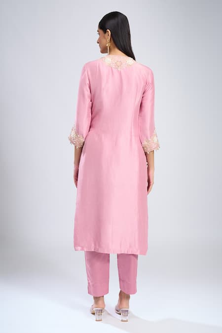 Shop Prisho Pink Silk Embroidery Round Neck 3d Floral Kurta Set at Aza Fashions Shop_Prisho_Pink Silk Embroidery Round Neck 3d Floral Kurta Set _at_Aza_Fashions