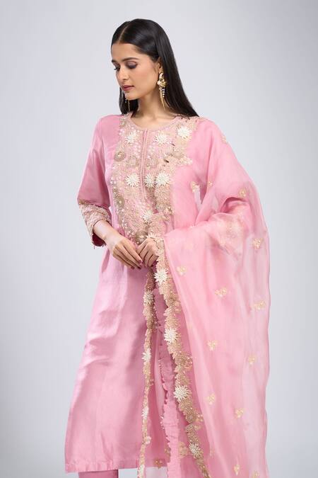 Prisho Pink Silk Embroidery Round Neck 3d Floral Kurta Set Online at Aza Fashions Prisho_Pink Silk Embroidery Round Neck 3d Floral Kurta Set _Online_at_Aza_Fashions