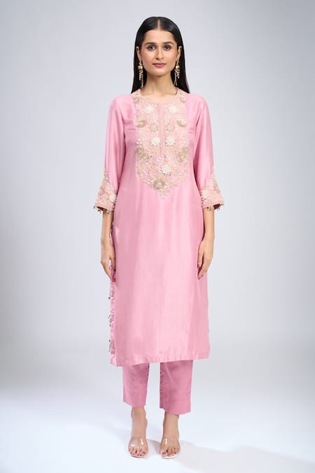 Shop Prisho Pink Silk Embroidery Round Neck 3d Floral Kurta Set Online at Aza Fashions Shop_Prisho_Pink Silk Embroidery Round Neck 3d Floral Kurta Set _Online_at_Aza_Fashions