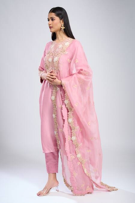 Prisho Pink Silk Embroidery Round Neck 3d Floral Kurta Set at Aza Fashions Prisho_Pink Silk Embroidery Round Neck 3d Floral Kurta Set _at_Aza_Fashions