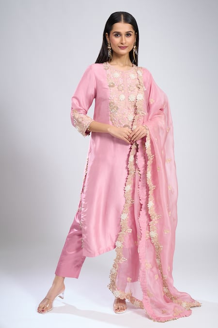Buy Prisho Pink Silk Embroidery Round Neck 3d Floral Kurta Set Buy_Prisho_Pink Silk Embroidery Round Neck 3d Floral Kurta Set