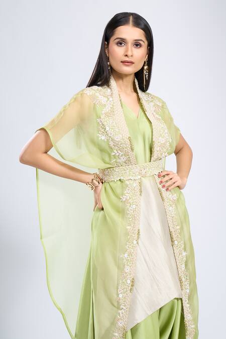 Buy_Prisho_Green Embroidery Round Neck, Cape Kurta Set 