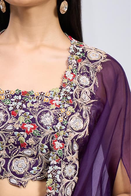 Buy_Prisho_Purple Sequins Round Neck Placket Embroidered Cape Skirt Set _Online_at_Aza_Fashions