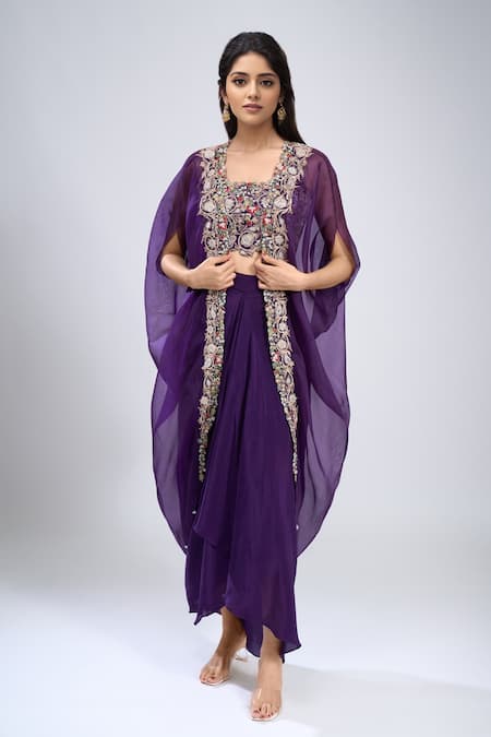 Prisho Placket Embroidered Cape Skirt Set 
