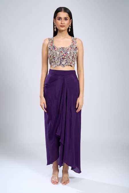 Prisho_Purple Sequins Round Neck Placket Embroidered Cape Skirt Set _at_Aza_Fashions